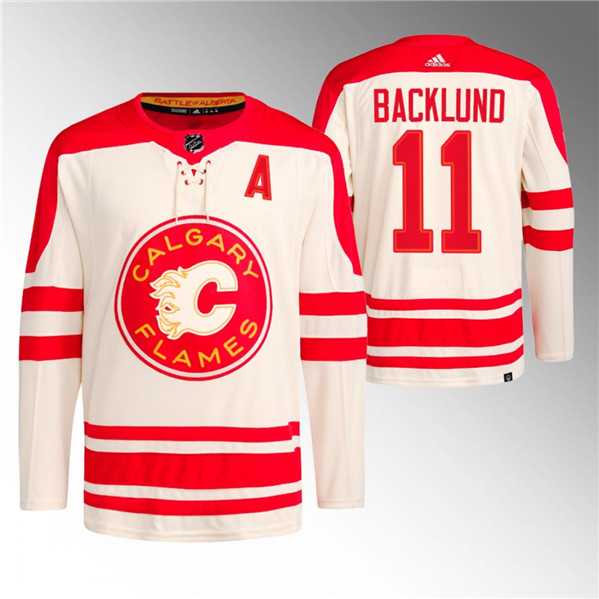 Mens Calgary Flames #11 Mikael Backlund 2023 Cream Classic Primegreen Stitched Jersey Dzhi